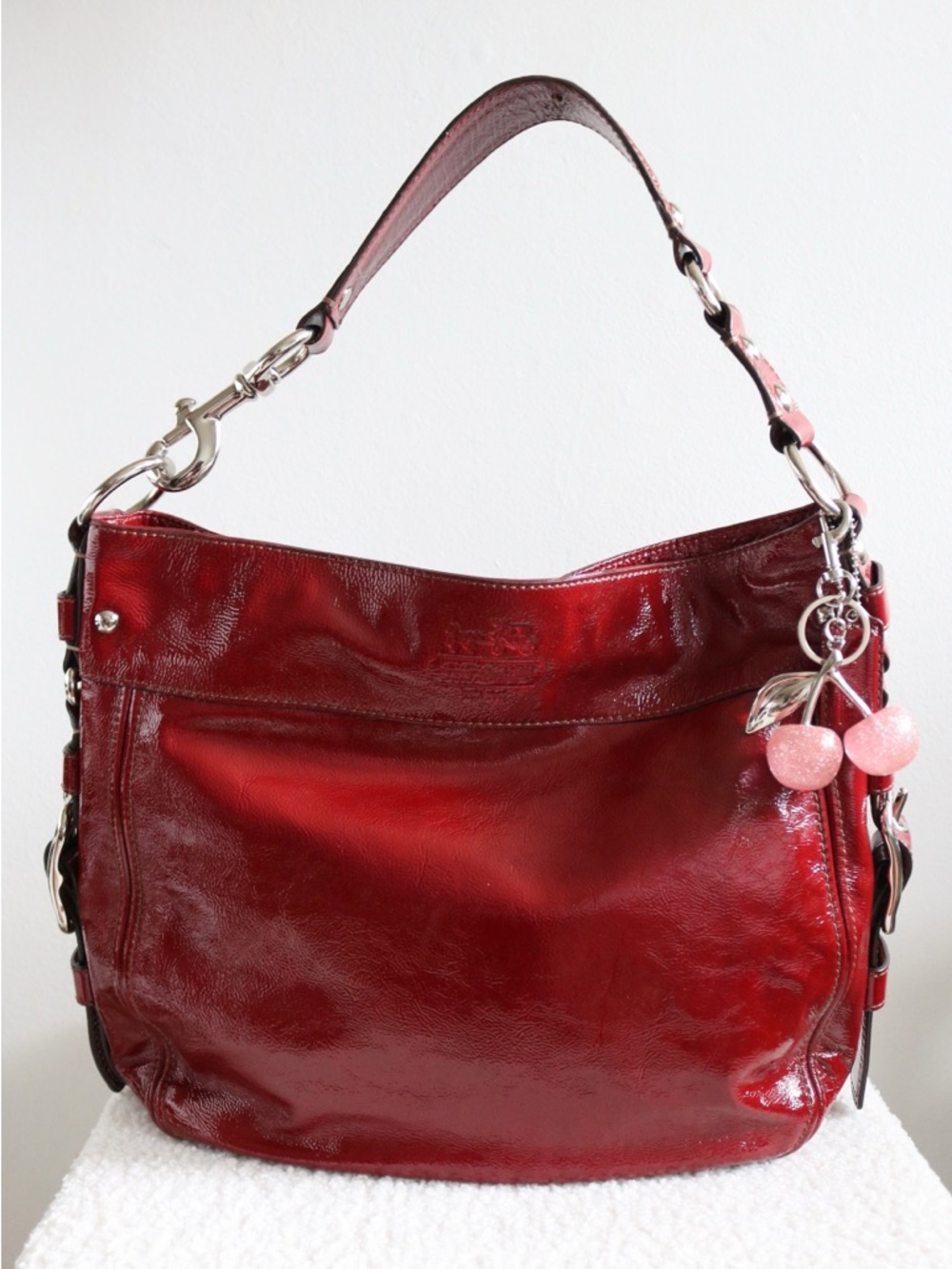 Vintage Coach Zoe Large Patent Leather Shoulder Bag Cherry Red Silver Hardware